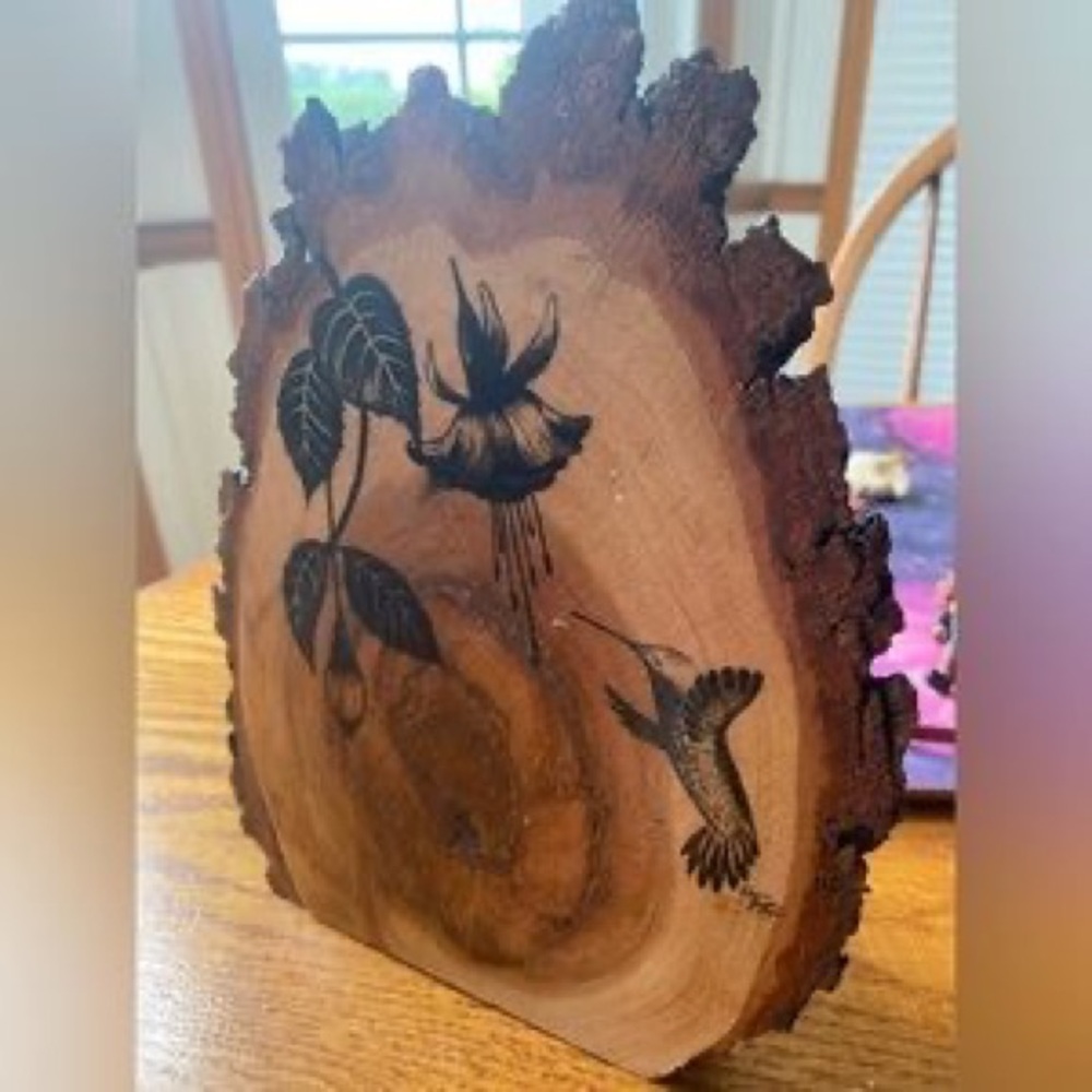 Hand-Painted Hummingbird & Flower Wood Art - Natural Wood Tones - Picture 2 of 4